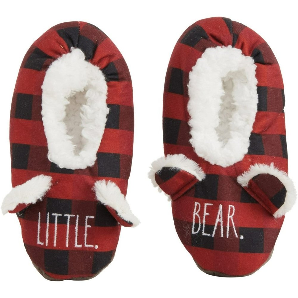 NWT Rae Dunn Boys and Girls Little Bear Plush Faux Fur Plaid Christmas Slippers